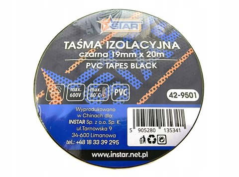 Taśma izolacyjna czarna 19mm x 20m z PCV do przewodów kabli STAR 42-9501