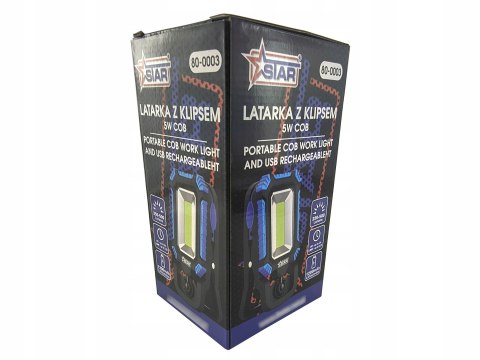 Latarka warsztatowa LED COB 5 W z klipsem akumulatorowa USB STAR 80-0003