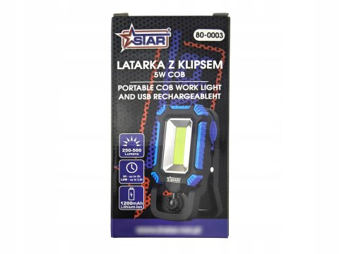 Latarka warsztatowa LED COB 5 W z klipsem akumulatorowa USB STAR 80-0003