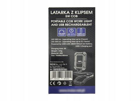 Latarka warsztatowa LED COB 5 W z klipsem akumulatorowa USB STAR 80-0003